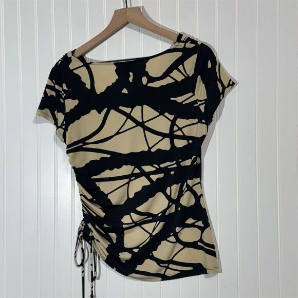 Dana Buchman Abstract Print Cowl Neck Ruched Side Top Small Black Beige Y2K VTG - Picture 3 of 7